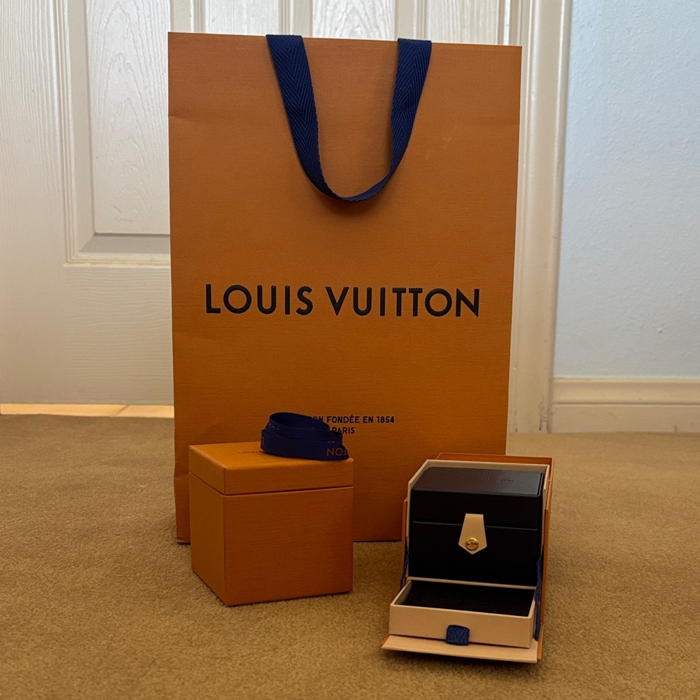 Authentic Louis Vuitton Orange Bag, Jewelry Boxes, and Ribbon